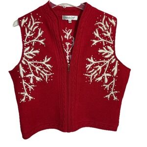 Red Embroidered COLDWATER CREEK Large Holiday Winter SWEATER VEST Snowflake‎
